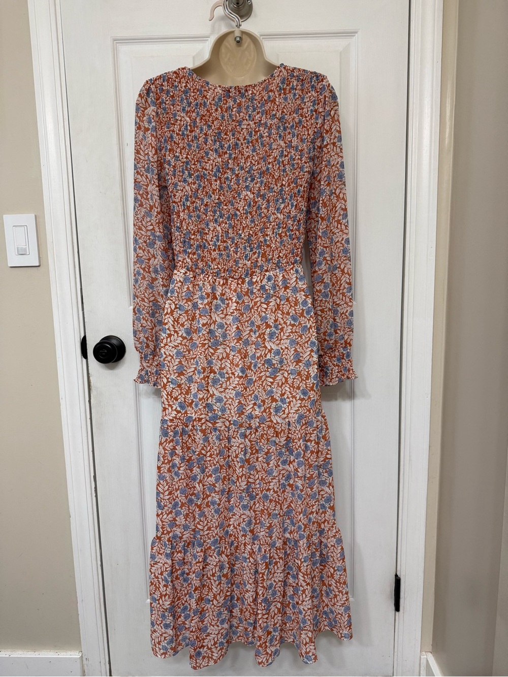 Carly Jean Los Angeles Floral Smocked Midi Dress Blue Rust Boho Small - Picture 3 of 13